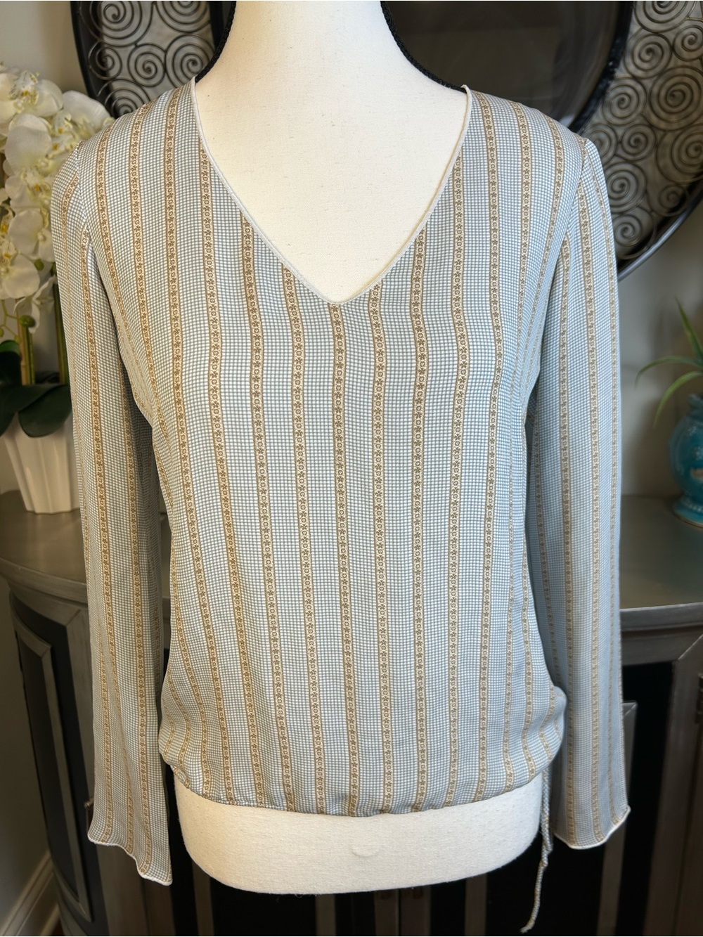 J. Crew Vertical Stripe V-Neck Sweater in Light Blue and Tan